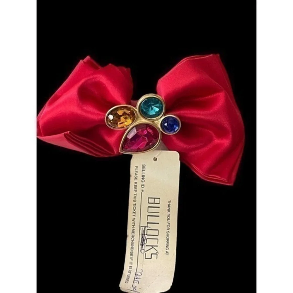 Vintage Red Bow Barrette Hair Clasp NWT Bullocks, Jewel Gold Tone 1990’s